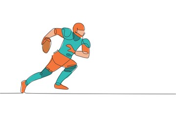 One continuous line drawing sporty american football player running fast to reach goal line for competition poster. Sport teamwork concept. Dynamic single line draw design vector graphic illustration