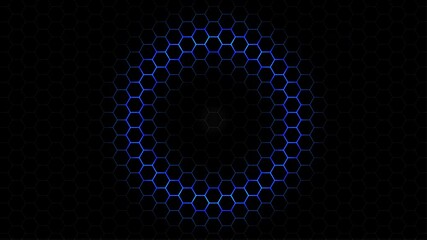 Hexagon touch button. Glowing polygons diverge to the sides