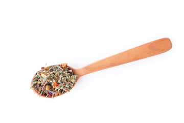 Spoon of floral tea isolated on white background