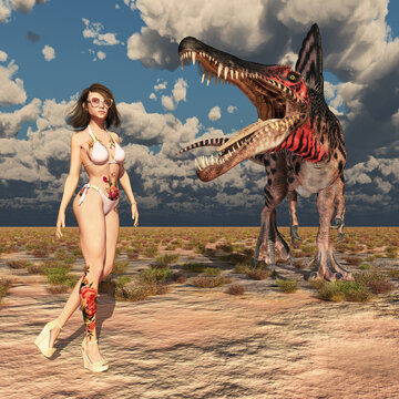 Attraktive Frau im Bikini und Dinosaurier Spinosaurus