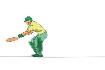 Single continuous line drawing young agile man cricket player practice to swing cricket bat vector graphic illustration. Sport exercise concept. Trendy one line draw design for cricket promotion media