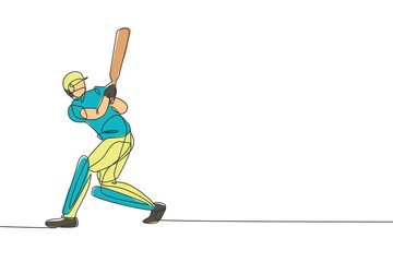 Single continuous line drawing of young agile man cricket player practicing hit the ball at field vector illustration. Sport exercise concept. Trendy one line draw design for cricket promotion media