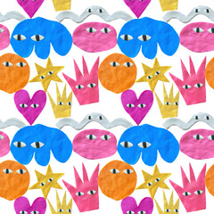 seamless pattern from real craft plasticine and clay.Children's crafts and figurines.3d rendering print of abstract shapes characters with clay texture.Funky and groovy vibrant hippie 70s, 80s style