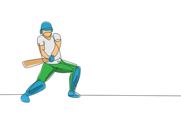 Single continuous line drawing of young agile man cricket player standing ready to hit the ball vector illustration. Sport exercise concept. Trendy one line draw design for cricket promotion media