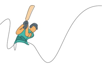 Obraz premium One continuous line drawing of young happy man cricket player swing cricket bat hard at field vector illustration. Competitive sport concept. Dynamic single line draw design for advertisement poster
