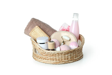 Gift basket with cosmetics isolated on white background