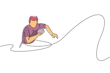 One single line drawing of young energetic man table tennis player ready to hit the ball vector illustration. Sport training concept. Modern continuous line draw design for ping pong tournament banner - obrazy, fototapety, plakaty