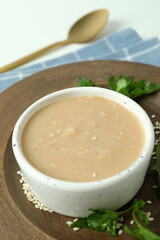 Concept of tasty food with tahini sauce, close up