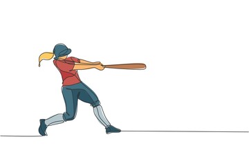 One continuous line drawing of young sporty woman baseball player practice to hit the ball. Competitive sport concept. Dynamic single line draw design vector graphic illustration for promotion poster