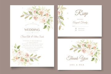 Fototapeta na wymiar hand drawn soft floral roses wedding invitation card set
