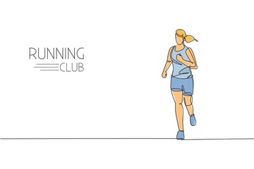One continuous line drawing young woman athlete runner run pleasure. Individual sport, competitive concept. Dynamic single line draw design graphic vector illustration for running competition poster