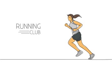 Fototapeta na wymiar One continuous line drawing of young woman athlete runner run from side view. Individual sport, competitive concept. Dynamic single line draw design vector illustration for running competition poster