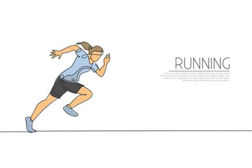 Fototapeta na wymiar One single line drawing of young energetic woman runner focus to sprint run vector illustration. Individual sports, training concept. Modern continuous line draw design for running competition banner