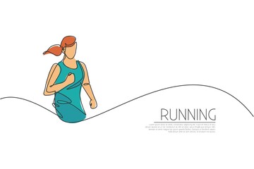 One continuous line drawing of young woman athlete runner run relax. Individual sport, competitive concept. Dynamic single line draw design graphic vector illustration for running competition poster