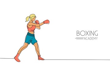 One single line drawing of young energetic woman boxer focus train her punch vector illustration. Sport combative training concept. Modern continuous line draw design for boxing championship banner - obrazy, fototapety, plakaty