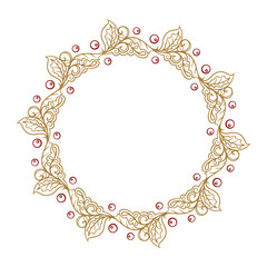 Vector round doodle frame. Golden Christmas wreath on a white background.