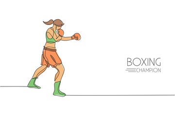 One single line drawing of young energetic woman boxer practicing punch at sport gym vector illustration. Sport combative training concept. Modern continuous line draw design for boxing event banner