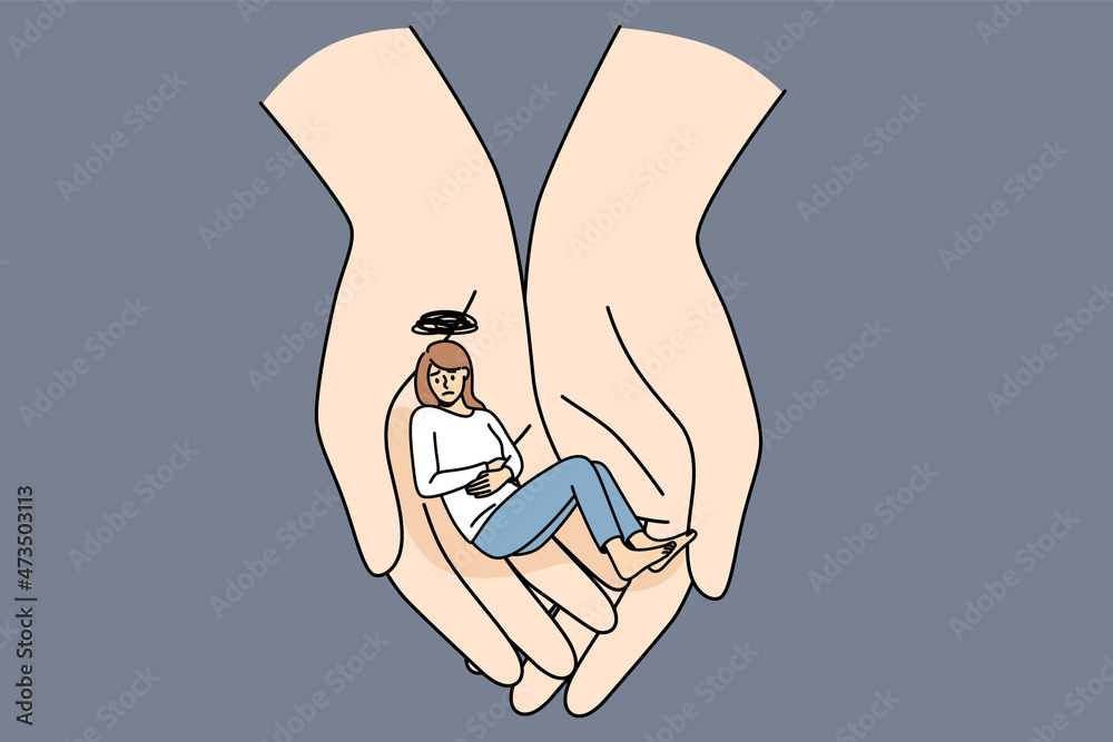 Wall mural Helping hand and depression concept. Human hands holding sad depressed tine sad girl having heavy thoughts in hand thinking vector illustration  - Wall murals