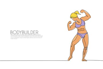 Single continuous line drawing of young muscular model woman bodybuilder posing elegantly. Fitness gym logo. Trendy one line draw design vector illustration for budybuilding icon and symbol template