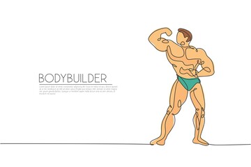 One continuous line drawing young strong model man bodybuilder pose confidently. Fitness center gym logo concept. Dynamic single line draw design graphic vector illustration for bodybuilding contest