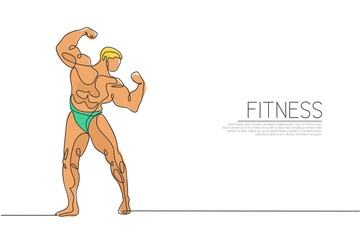 One continuous line drawing young strong model man bodybuilder posed. Fitness center gym logo concept. Dynamic single line draw design graphic vector illustration for bodybuilding competition contest