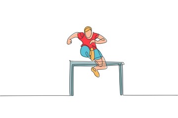 One continuous line drawing of young sporty man runner jumping obstacle at running track. Health activity sport concept. Dynamic single line draw design vector illustration for running event poster