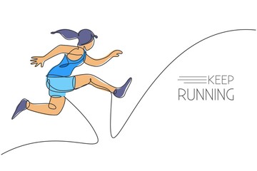 One single line drawing of young energetic woman runner practicing to jump while run vector illustration. Healthy sport training concept. Modern continuous line draw design for running race banner