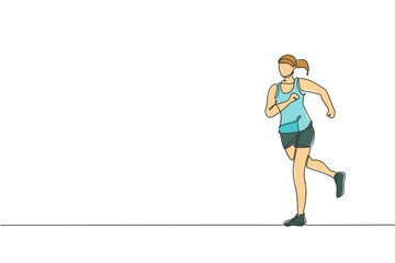 Fototapeta na wymiar One single line drawing of young happy runner woman exercise to improve stamina vector graphic illustration. Healthy lifestyle and competitive sport concept. Modern continuous line draw design