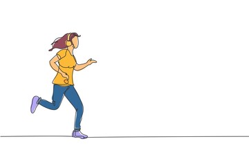 One single line drawing young happy runner woman run relax while listening music with headphone vector illustration graphic. Healthy lifestyle and fun sport concept. Modern continuous line draw design