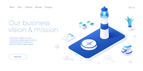 Business vision and mission vector illustration in isometric design. Strategy and corporate goal concept with lighthouse and compass on smartphone. Web banner layout. - obrazy, fototapety, plakaty