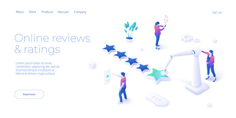 5 star positive feedback in social media. Customer survey as marketing service. Modern isometric vector illustration design. Web banner layout template for website.