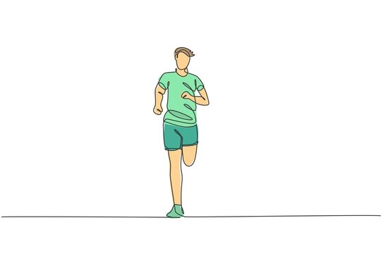Single continuous line drawing of young happy health runner man running at run track. Fun sport jogging and healthy lifestyle art concept. Trendy one line draw design graphic vector illustration