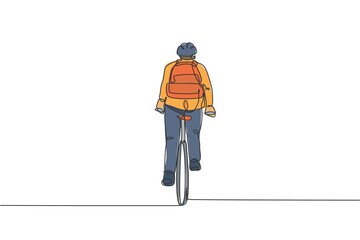 One continuous line drawing of young professional manager man cycling ride bike to his office, rear view. Healthy working urban lifestyle concept. Dynamic single line draw design vector illustration
