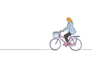 Single continuous line drawing of young professional businesswoman riding bicycle to her company. Bike to work, eco friendly transportation concept. Trendy one line draw design vector illustration