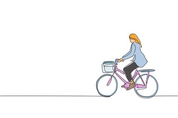 Fototapeta premium Single continuous line drawing of young professional businesswoman riding bicycle to her company. Bike to work, eco friendly transportation concept. Trendy one line draw design vector illustration