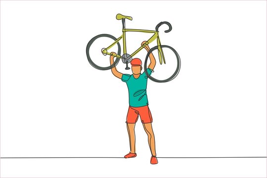 One continuous line drawing young sporty man bicycle racer lift up his light bicycle. Road cyclist concept. Dynamic single line draw design graphic vector illustration for cycling competition poster