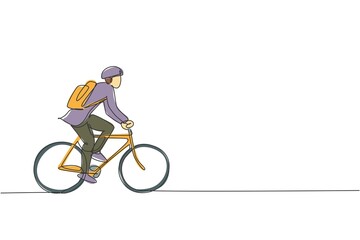 Single continuous line drawing young professional businessman riding bicycle to his company. Bike to work, eco friendly transportation concept. Trendy one line draw design graphic vector illustration