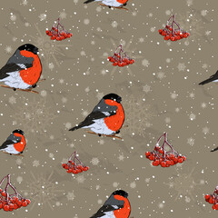 Seamless Christmas pattern with bullfinch ink style.
