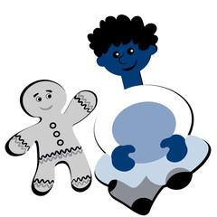 the boy sits cross-legged and smiles at the gingerbread man. Design element