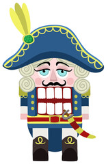 Sad blue-eyed Nutcracker with cocked hat and in blue uniform with a saber. Cute fairy tale personage.