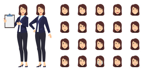 Businesswoman character set wearing business outfit with different facial expression and emotion sad angry happy excited cheerful isolated icon set