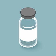 Vaccine bottle vial 3d isometric mockup template. Medicine drug pills bottle ampoule with space for your label text design. Pharmacy glass jar container for remedy medications 3d vector illustration.