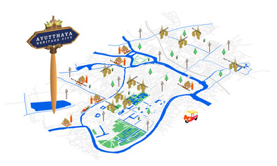 Isometric map of Ayutthaya city,the world heritage city  - obrazy, fototapety, plakaty