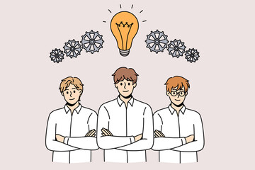 Teamwork Motivation and brainstorm concept. Group of Smiling man and woman colleagues generate business idea for development and strategy Vector illustration.