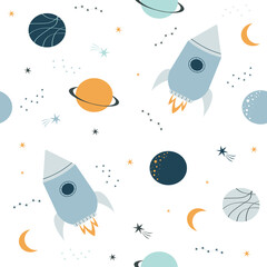 Cute cartoon seamless pattern with rockets and planets. Vector illustration of space. Funny design for baby bedding, newborn clothes, baby room. Stars and constellations in Scandinavian style.