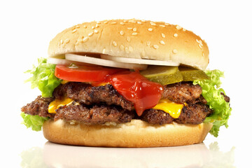 Double Hamburger with Cheese isolated on white Background 