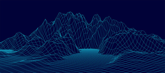 Vector mountain wireframe landscape. Technology polygonal terrain. Futuristic background.