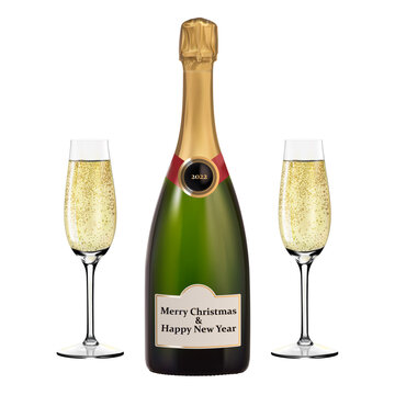 Bottle of Champagne and two glasses. Merry Christmas and Happy New Year 2022. Champagne for Your business project. Vector Illustration