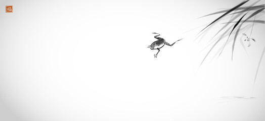 Jumping frog and leaves of grass. Traditional oriental ink painting sumi-e, u-sin, go-hua. Minimalistic zen illustration. Translation of hieroglyph - well-being. © elinacious