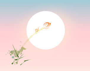 Little snail on lotus flower and sunrise background. Traditional oriental ink painting sumi-e, u-sin, go-hua. Minimalist zen illustration